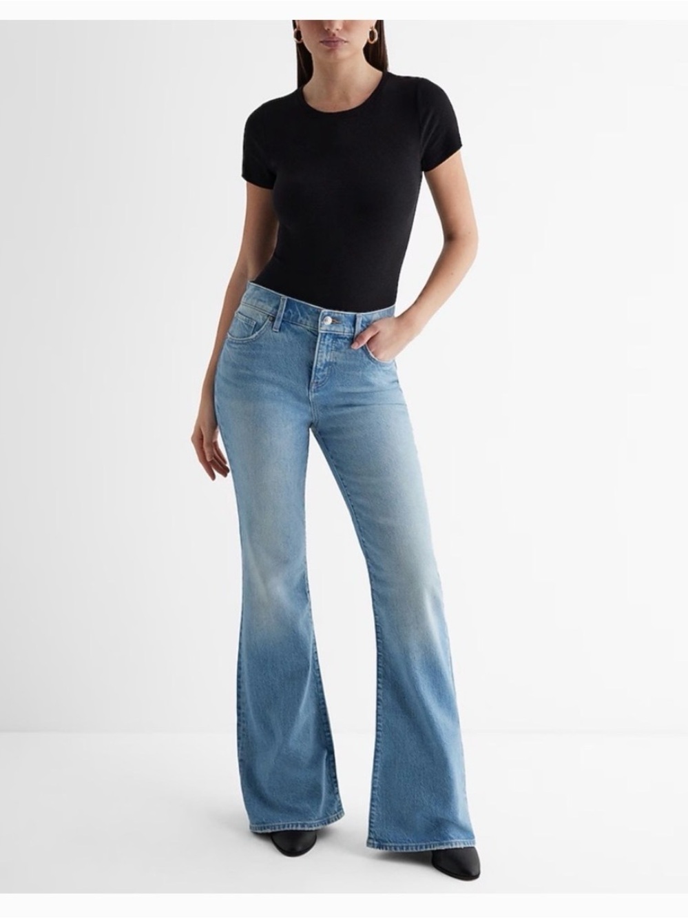 Express Light Blue Women's 70’s Flare Mid-Rise Jeans